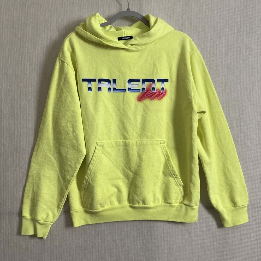 Talentless Men's Medium Neon Yellow Graphic Print Long Sleeve Hooded Sweater